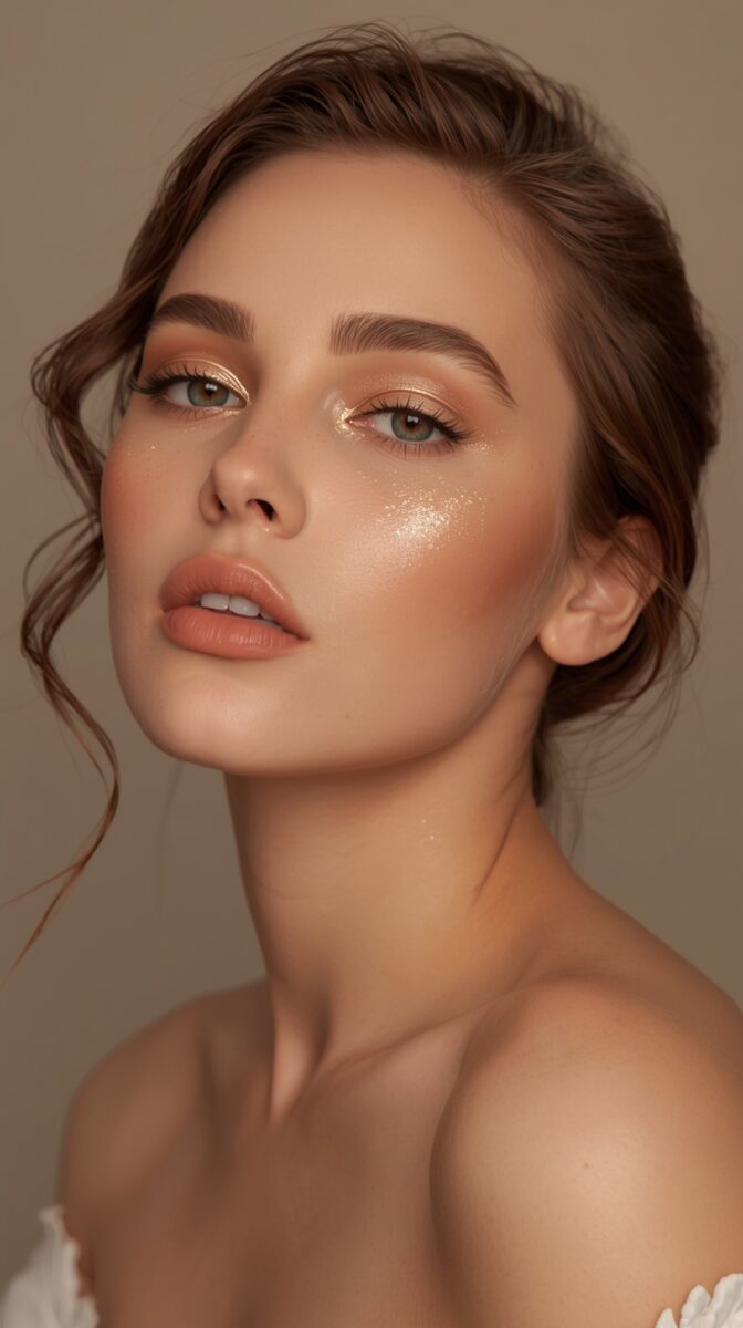 Professional beauty portrait showcasing glowing bronzed makeup with gold eyeshadow accents and neutral lip color