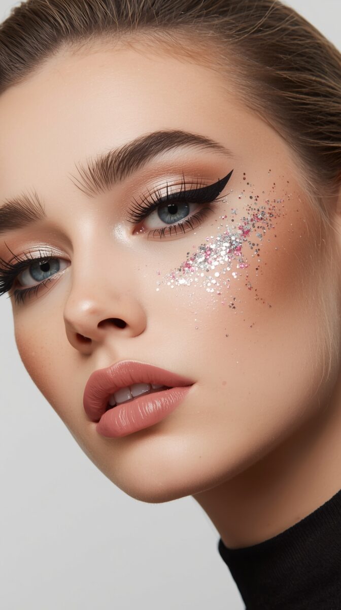 Close-up beauty shot showing dramatic eye makeup with winged liner, pink glitter accents, and nude lipstick against light background