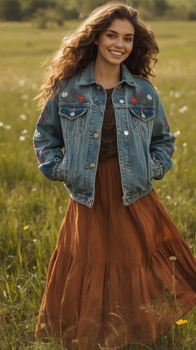 Young woman with curly brown hair smiling in a wildflower meadow wearing an embroidered denim jacket and rust maxi skirt