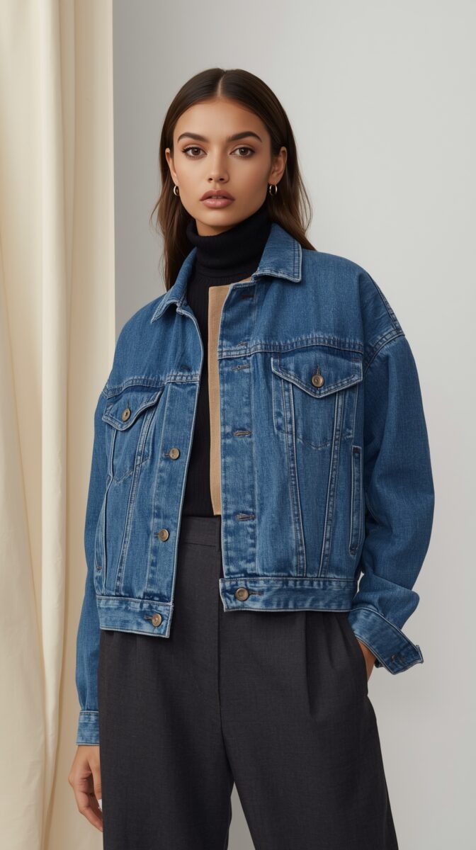 Woman wearing an oversized blue denim jacket over a black turtleneck and dark gray trousers