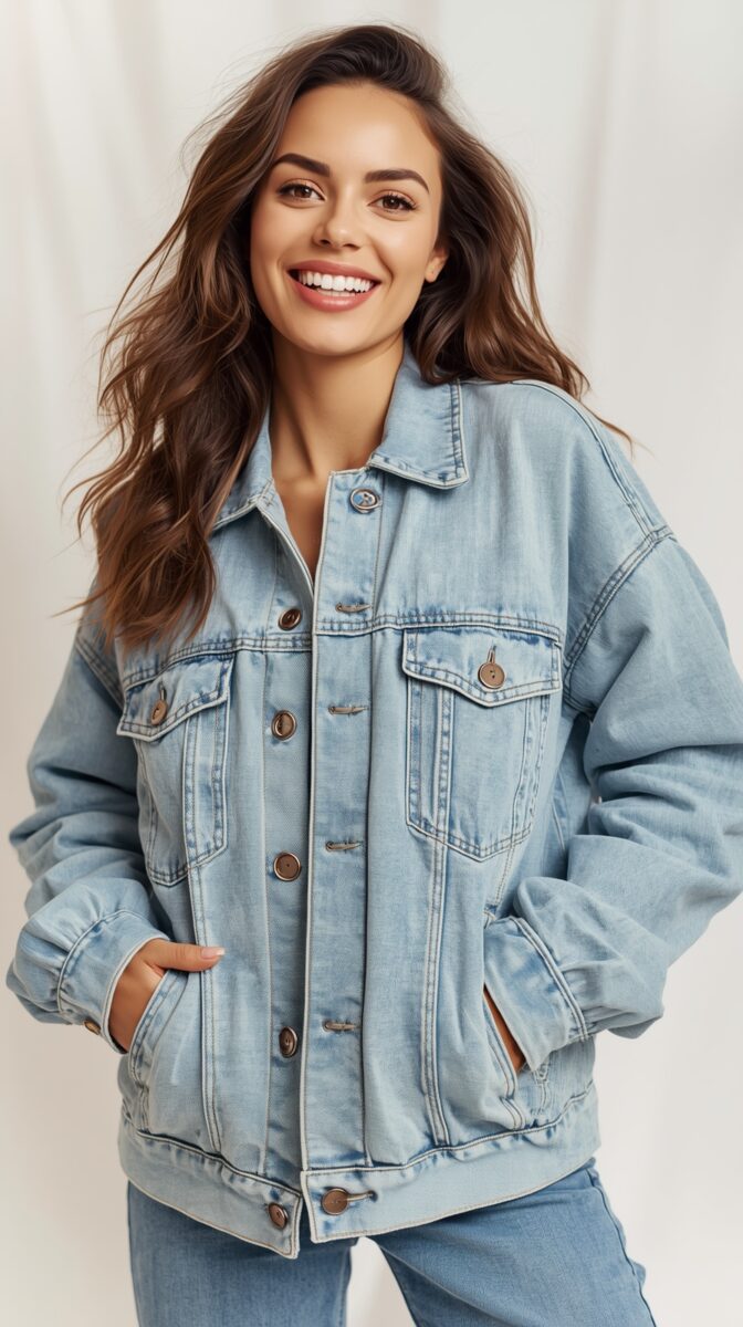 Smiling young woman with long brown hair wearing an oversized light blue denim jacket and jeans
