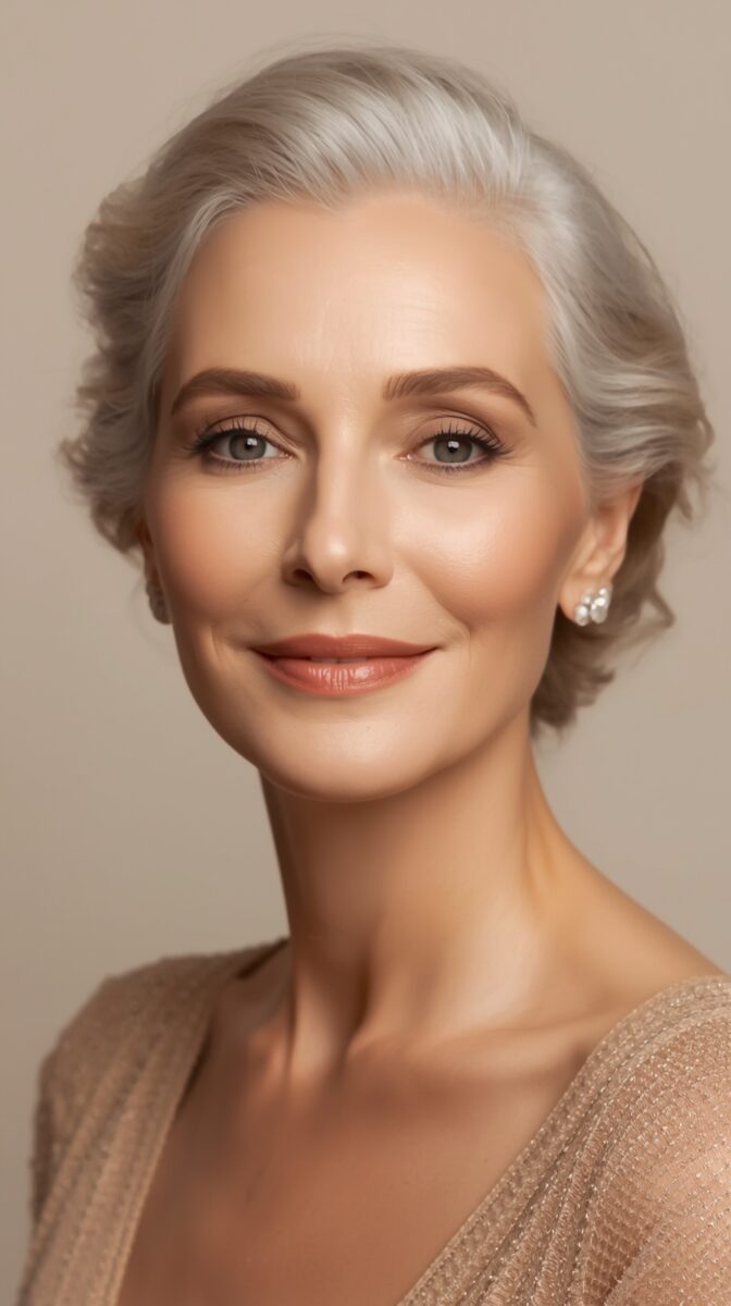 Elegant portrait of woman with silver hair wearing beige sparkly top, pearl earrings, and natural makeup against neutral background