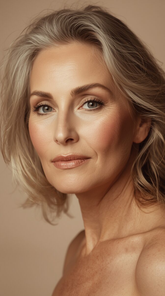 Professional beauty portrait of woman with blonde shoulder-length hair, natural makeup, and neutral background