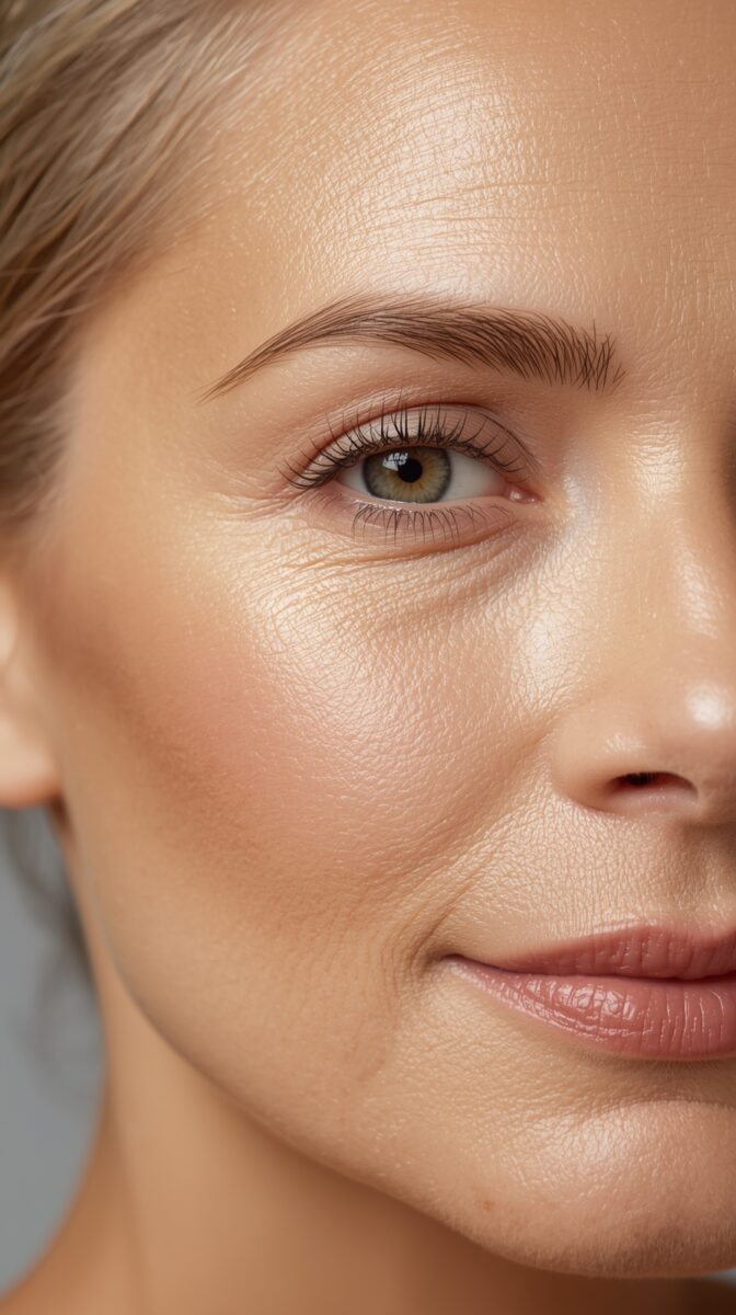 Close-up beauty shot showing natural glowing skin, hazel-green eye with defined brow, and subtle nude lip makeup