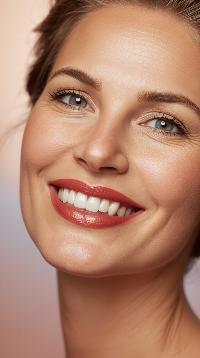 Close-up beauty portrait showing bright smile with white teeth, coral lipstick, well-groomed brows and bright blue eyes