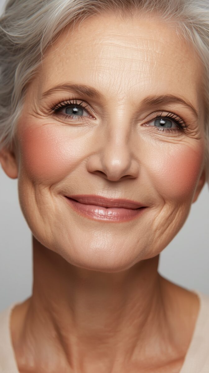 Close-up portrait of a mature woman with silver hair, bright blue eyes, and natural makeup smiling warmly at camera