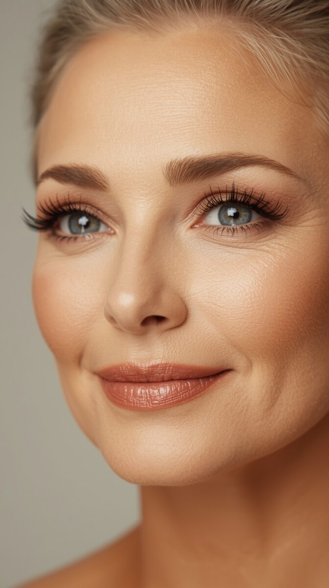 Close-up beauty portrait showing natural makeup with false lashes, defined brows, and nude lipstick on glowing skin