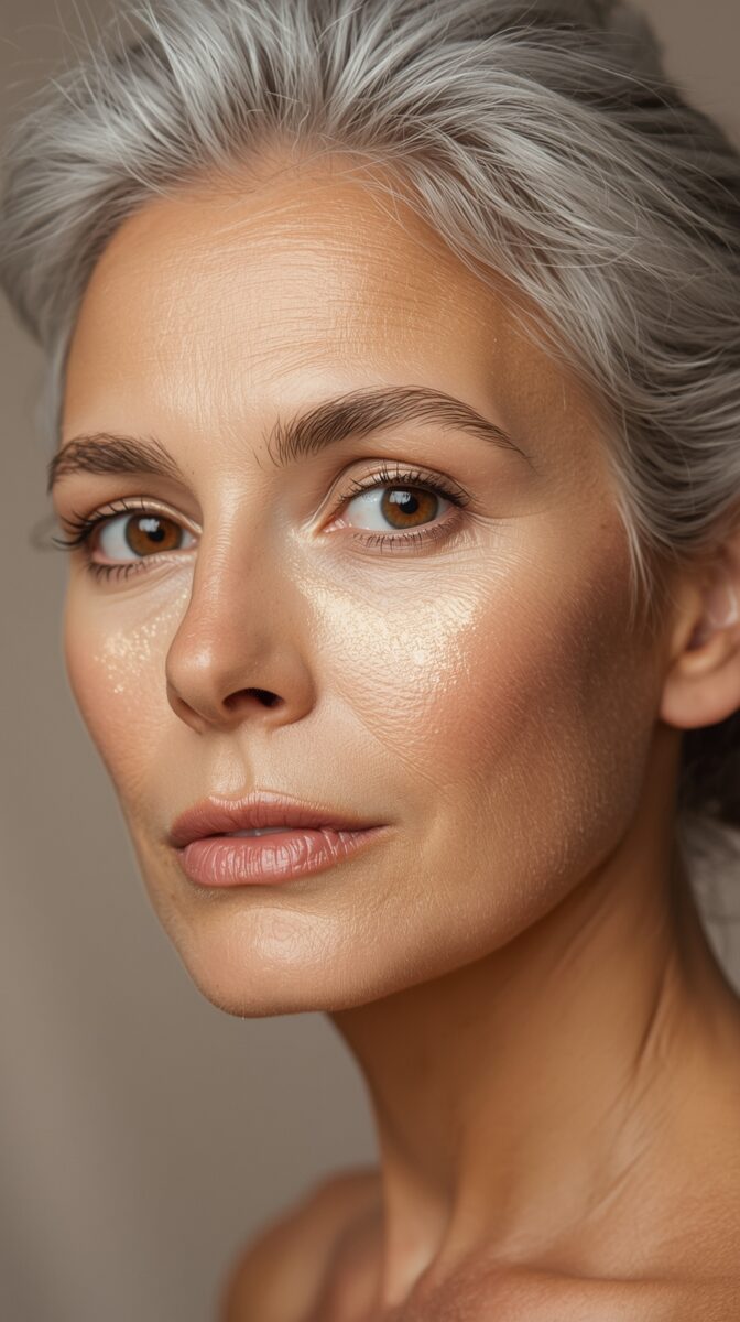 Close-up beauty portrait showing glowing skin, silver hair, and natural makeup with warm brown eyes and defined brows