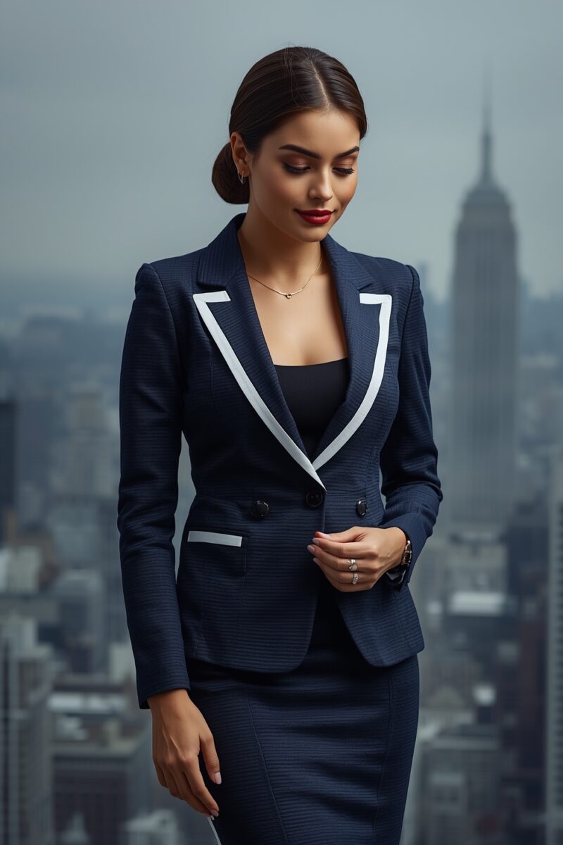 Professional woman in navy blue blazer with white trim and matching skirt suit against city skyline backdrop