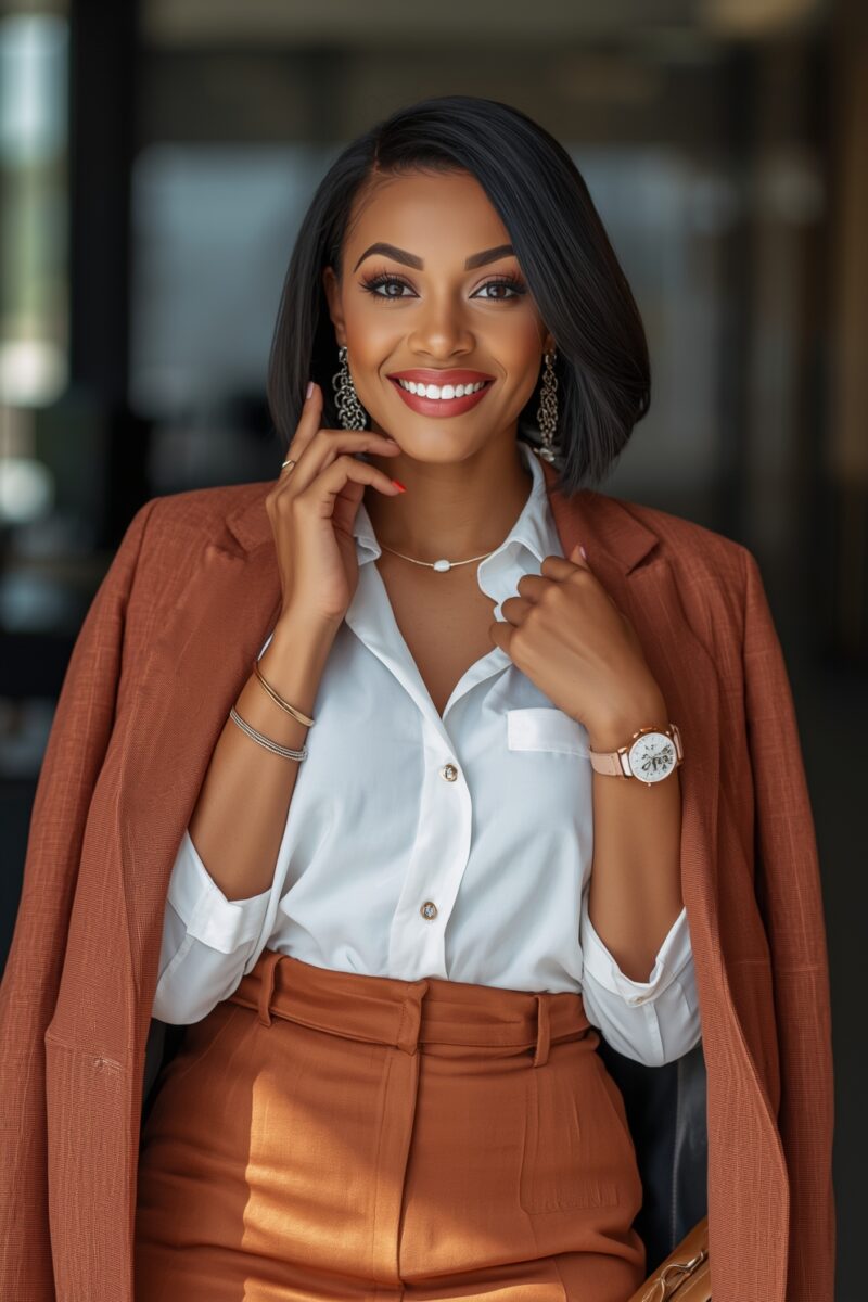 Smiling professional woman in rust-orange blazer and white blouse, wearing gold accessories and a watch
