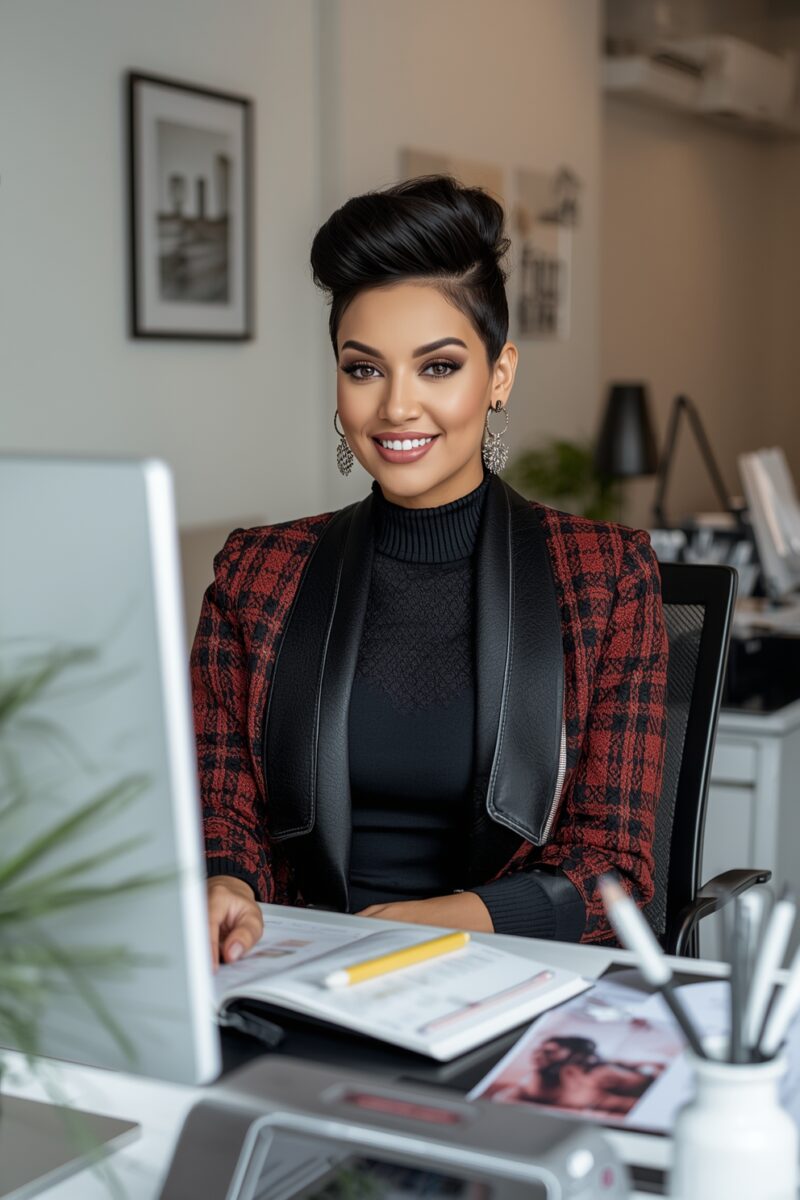 Professional woman with styled updo smiling at desk in modern office, wearing red plaid blazer with black turtleneck