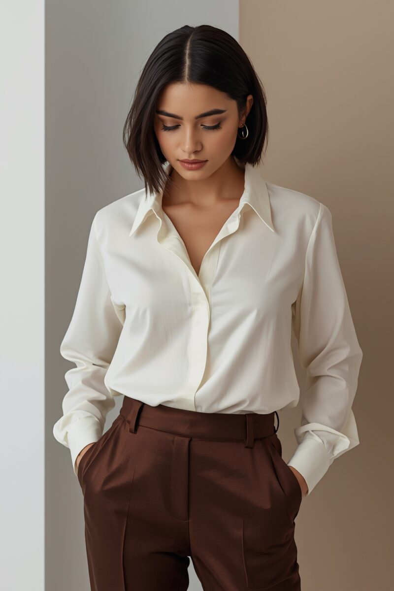 Woman in cream silk blouse and brown tailored trousers with short dark bob hairstyle