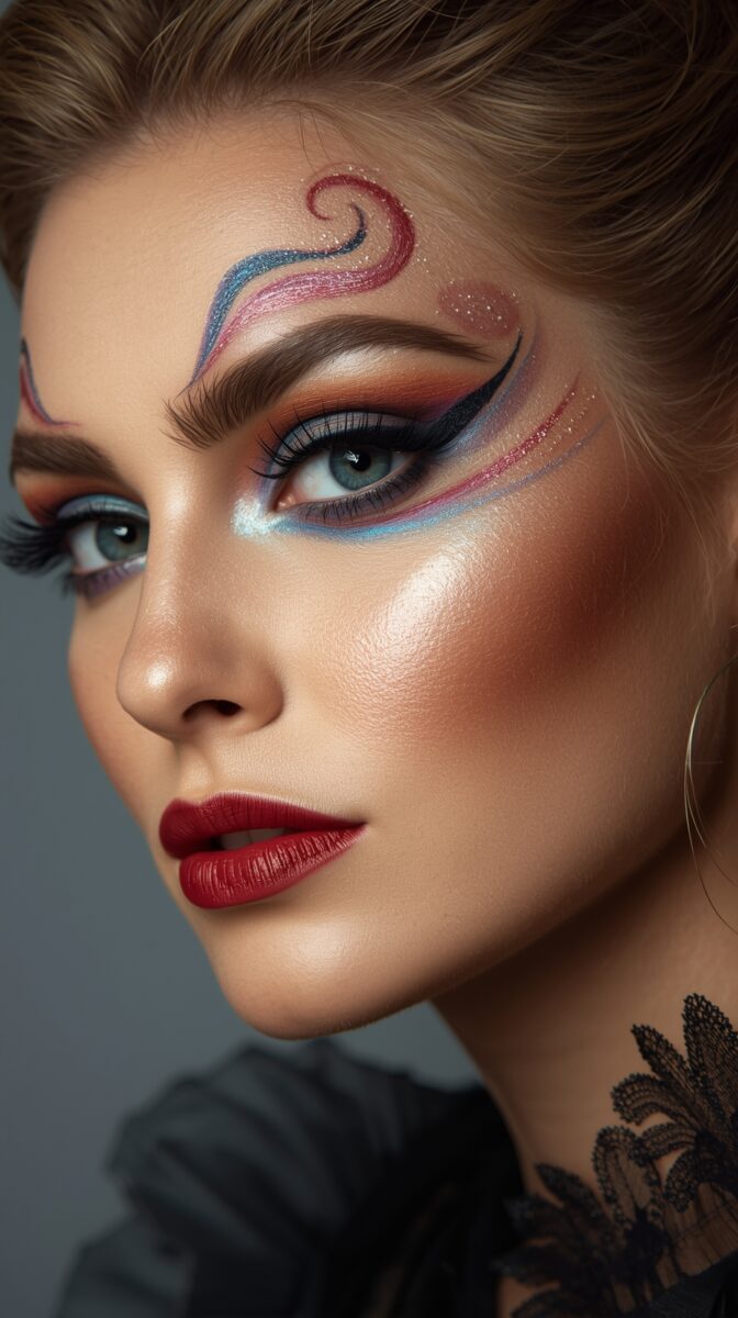 Creative fantasy makeup art featuring swirling blue and pink designs, dramatic winged eyeliner, and deep red lips against grey background