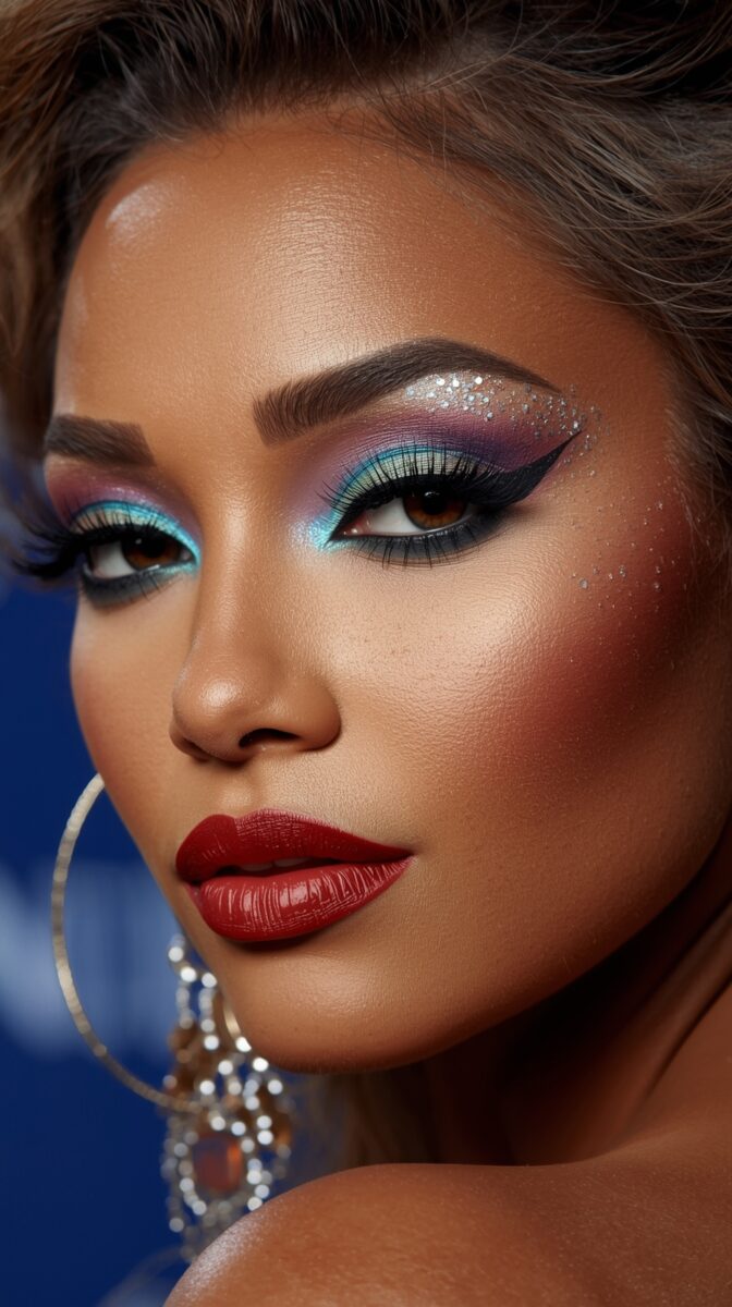 Close-up beauty shot showcasing dramatic turquoise and purple eyeshadow, red lips, and crystal accents with statement earrings