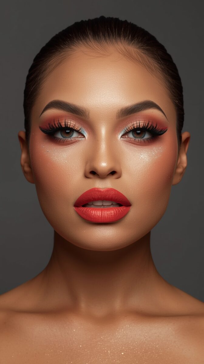 Professional beauty portrait showcasing glamorous makeup with coral eyeshadow, false lashes, and bold red lips on brown skin