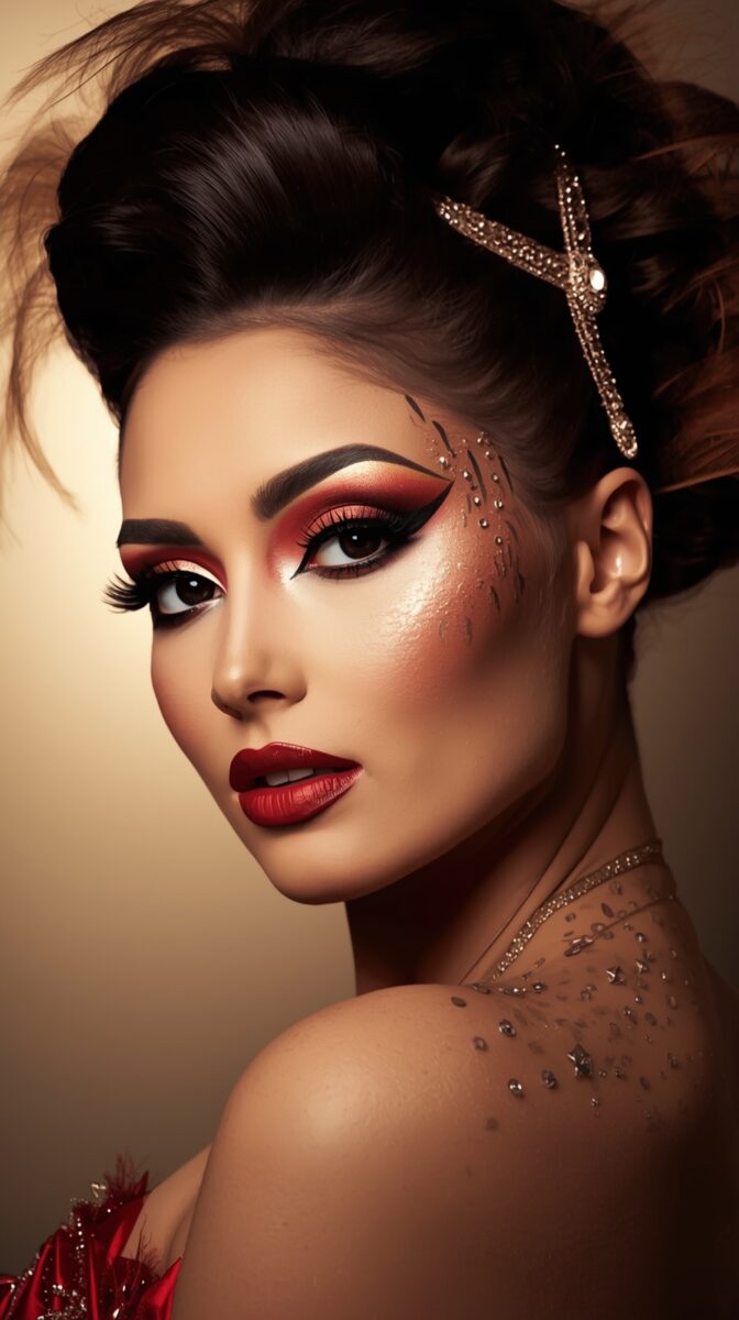 Dramatic beauty portrait with red and gold makeup, updo hairstyle with crystal hair clip, and jeweled body art details