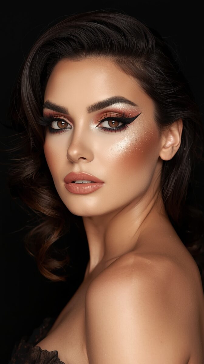Professional beauty portrait showcasing dramatic evening makeup with winged eyeliner, bronze eyeshadow and nude lips