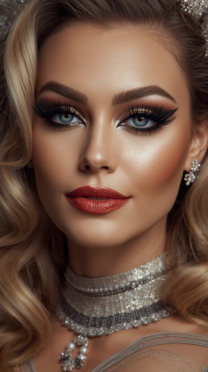 Glamorous evening makeup with gold eyeshadow, winged liner, red lips, blonde waves and sparkly silver choker necklace