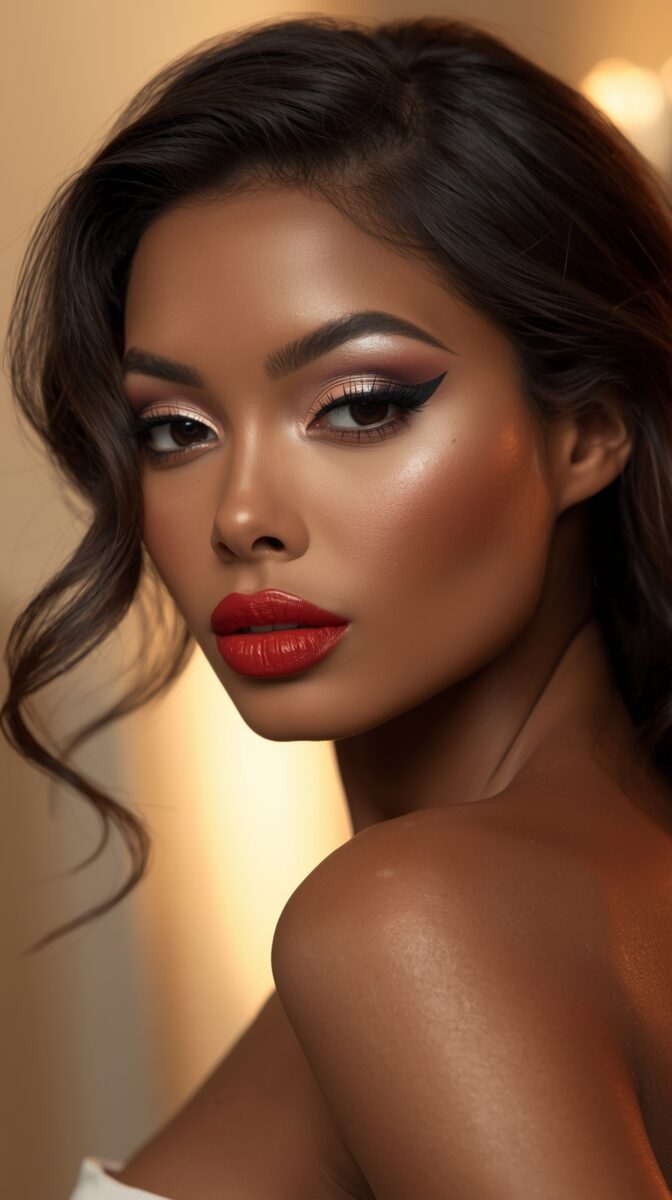 Professional beauty portrait with dramatic makeup featuring bronze eyeshadow, winged eyeliner, and bold red lips