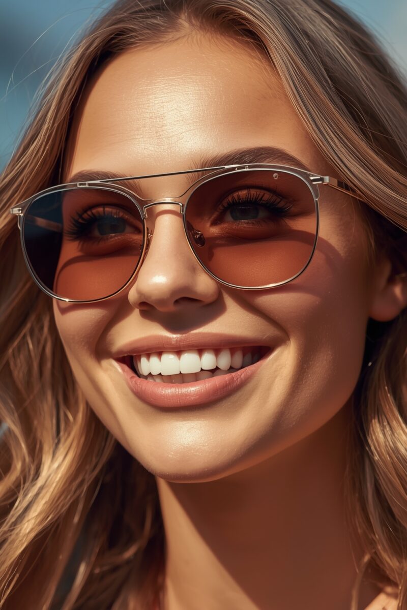 Smiling young woman with long brown hair wearing gold-framed aviator sunglasses with amber tinted lenses outdoors