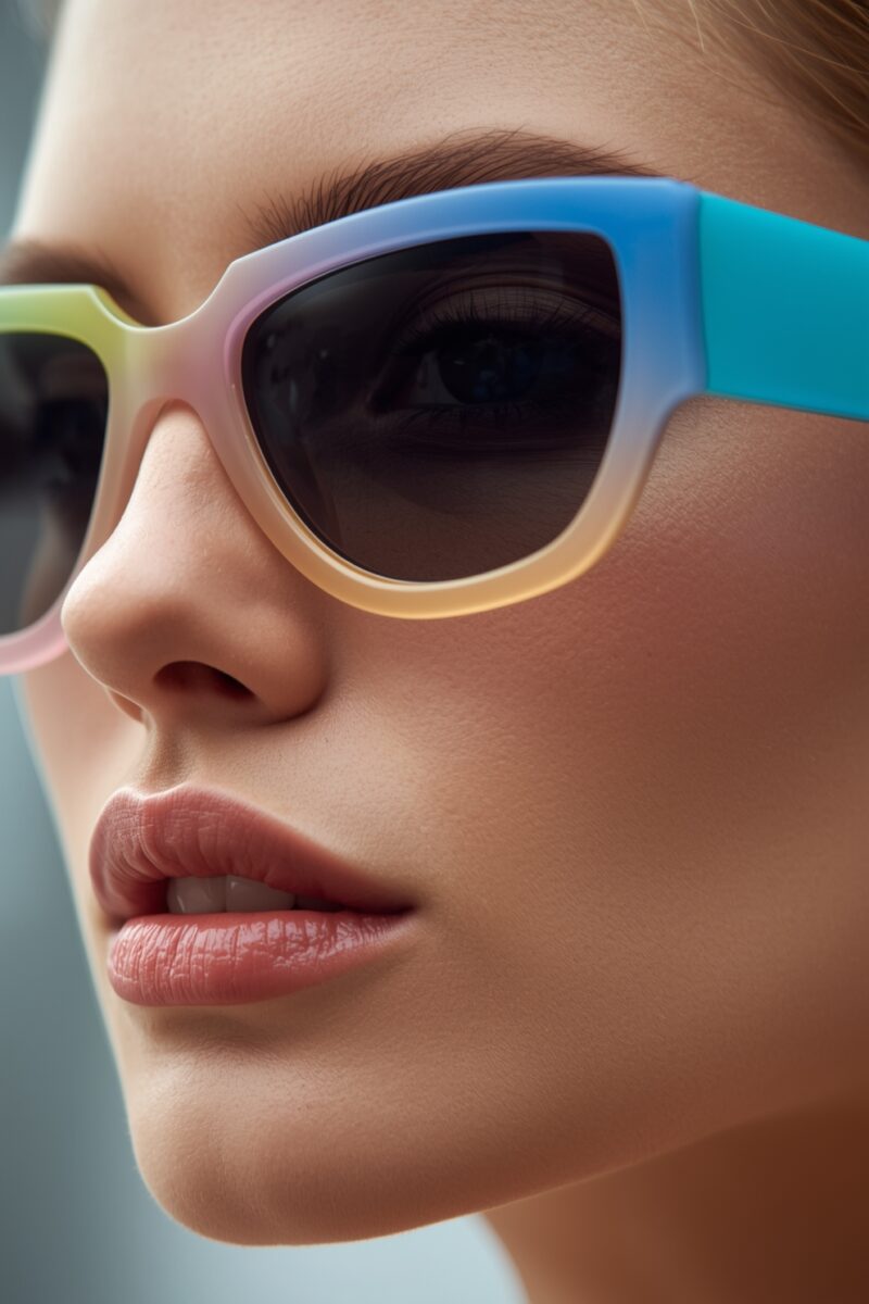 Close-up of a woman wearing pastel rainbow gradient cat-eye sunglasses with dark tinted lenses