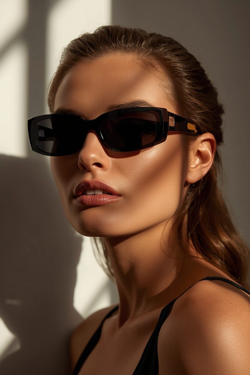 Woman wearing black rectangular sunglasses with brown tinted lenses, slicked-back hair, neutral background