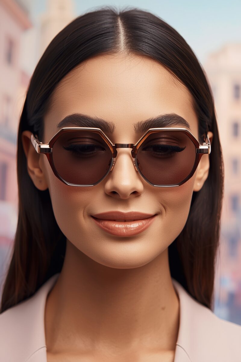 Woman with dark straight hair wearing stylish octagonal brown tinted sunglasses with rose gold frames, smiling softly