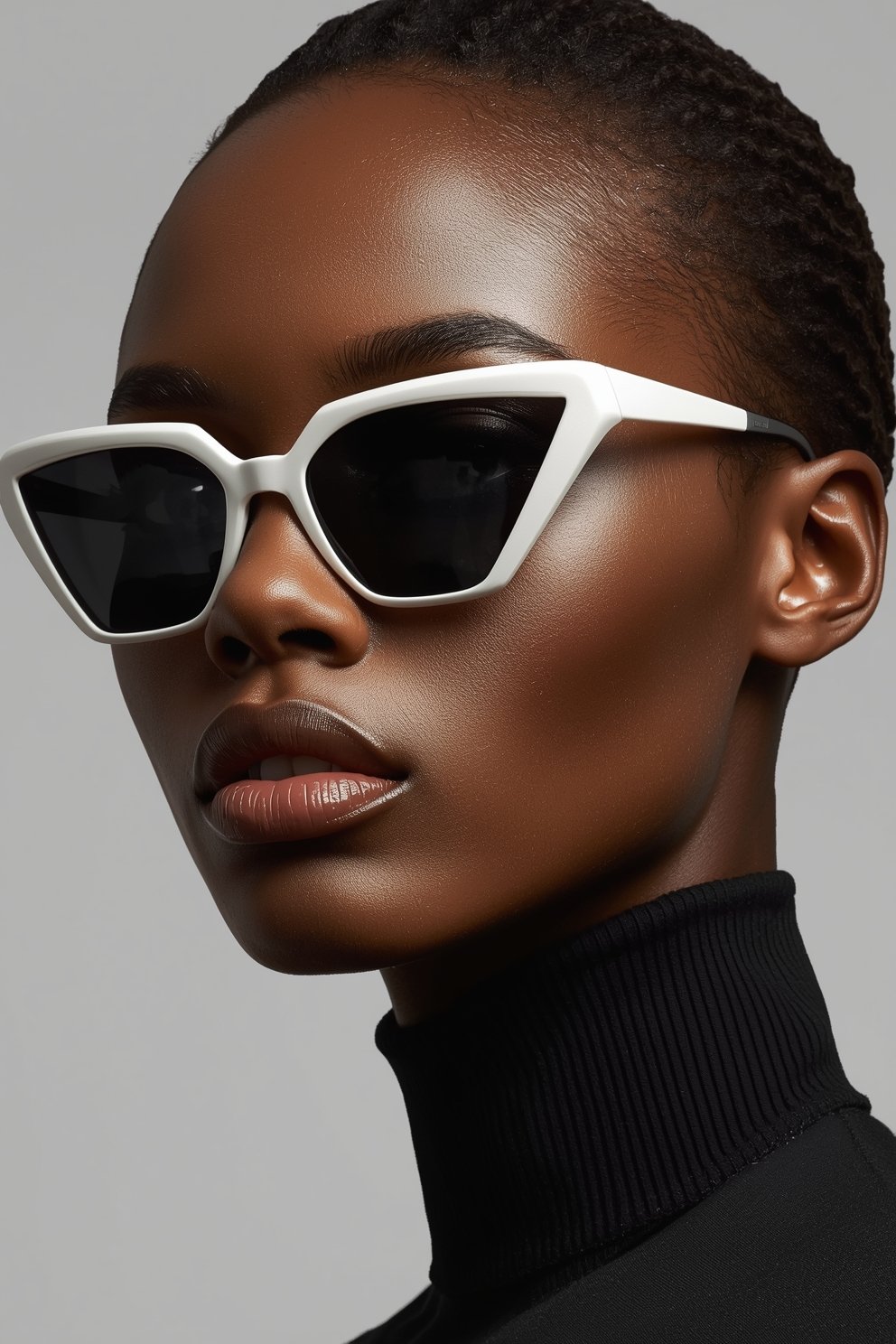 Close-up of a model wearing white cat-eye sunglasses and black turtleneck against gray background