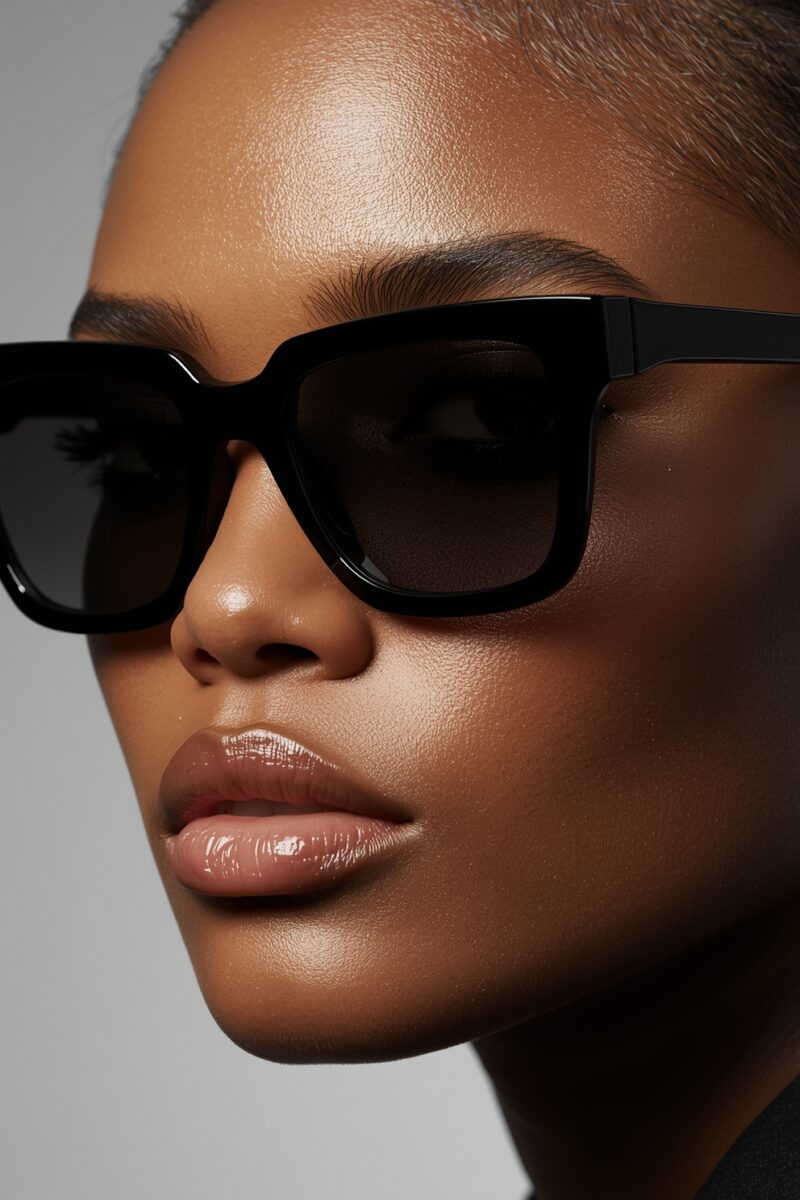 Close-up portrait of a woman with short hair wearing bold black square-frame sunglasses and glossy nude lip