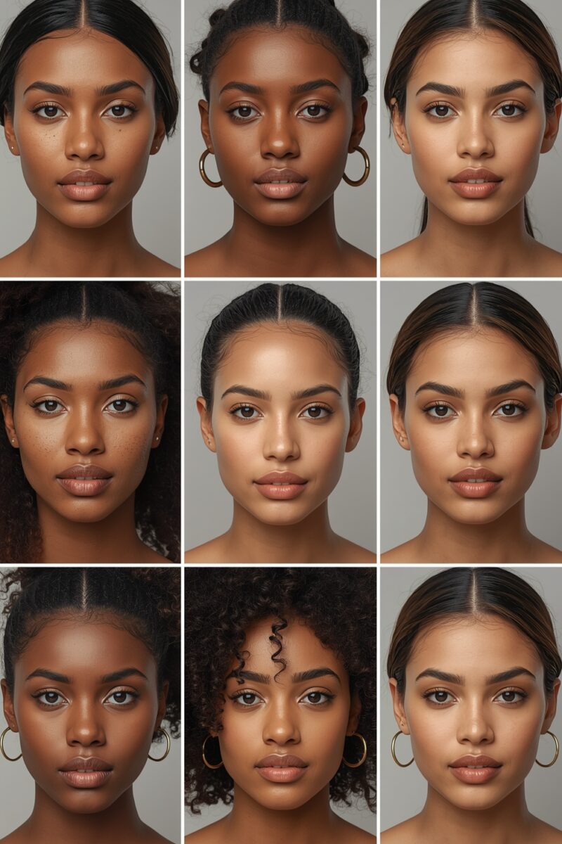 3x3 grid collage of nine women displaying diverse skin tones from medium brown to deep dark complexions