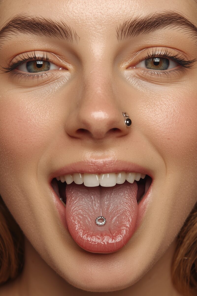 Close-up of a person with a nose piercing and a jeweled tongue barbell piercing, tongue extended