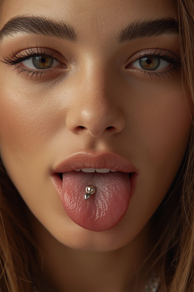 Close-up of a person with hazel eyes sticking out tongue showing a silver tongue piercing barbell