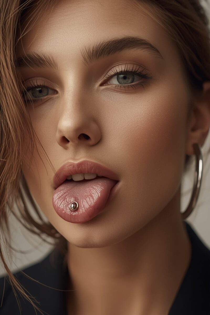 Close-up portrait of young woman with blue-gray eyes showing tongue piercing barbell and hoop earring