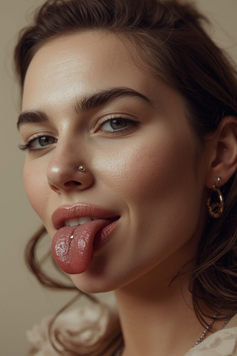 Young woman with nose piercing and tongue piercing sticking her tongue out, wearing hoop earrings