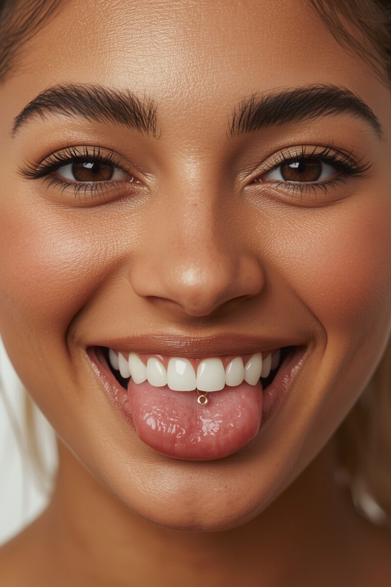 Close-up of a smiling young woman with brown eyes, white teeth, tongue out showing a tongue piercing
