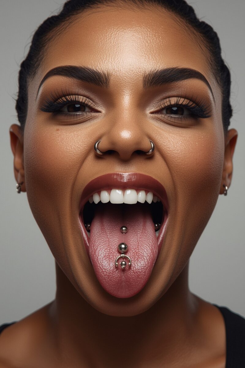 Woman showing tongue with double tongue piercing and horseshoe barbell, nose ring, and ear piercings