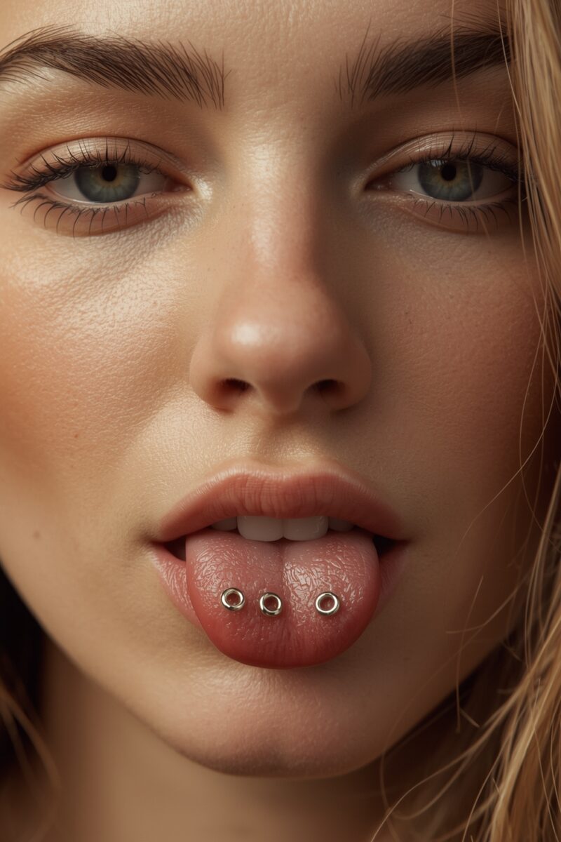 Close-up of a person with blue eyes showing three silver tongue piercings on extended tongue
