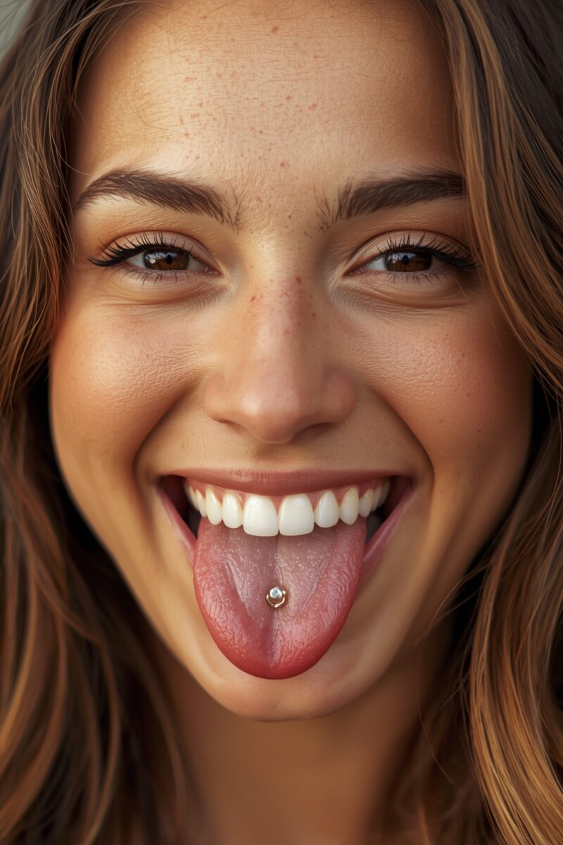 Young woman smiling with tongue out showing a tongue piercing barbell jewelry