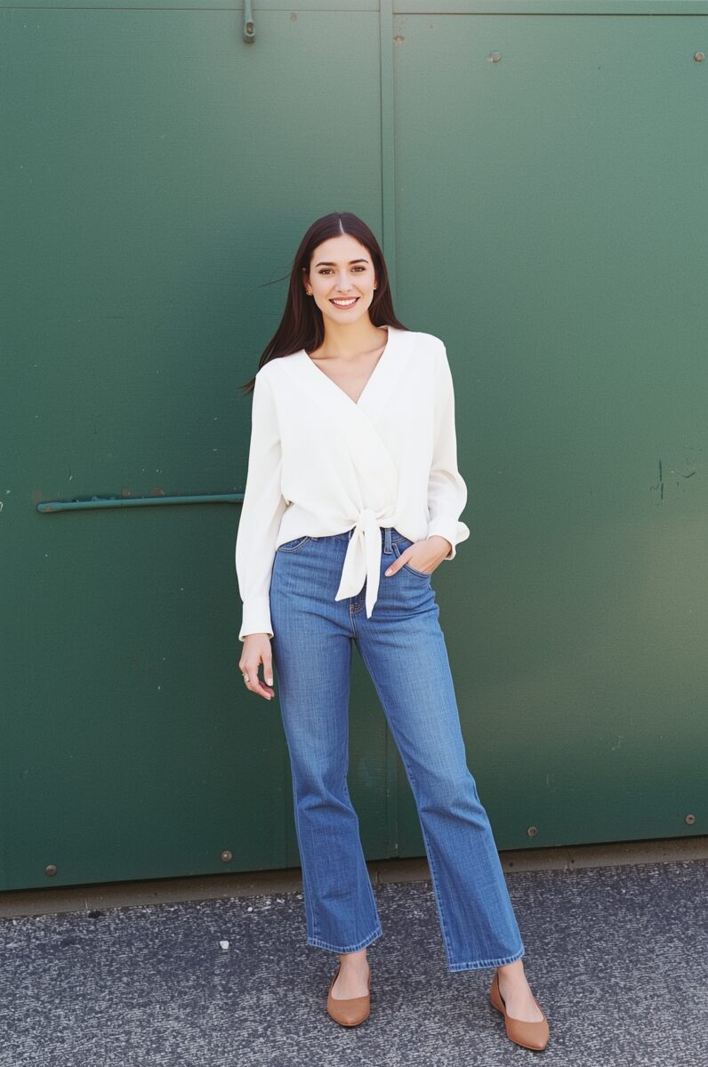 Young woman in white tie-front blouse and blue flare jeans with tan flats standing against a green wall