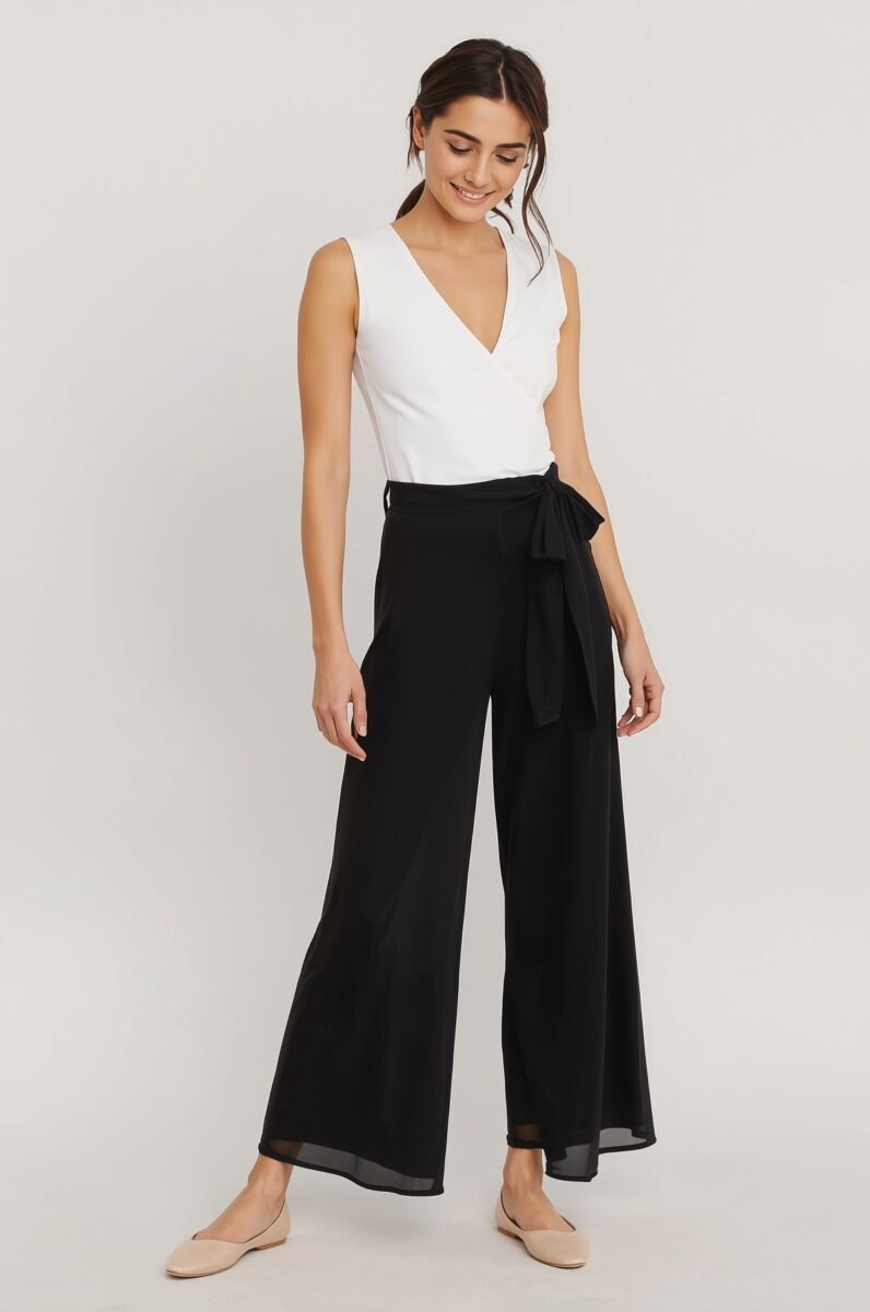 Woman wearing white sleeveless wrap top and black wide-leg chiffon pants with tie waist and nude flats