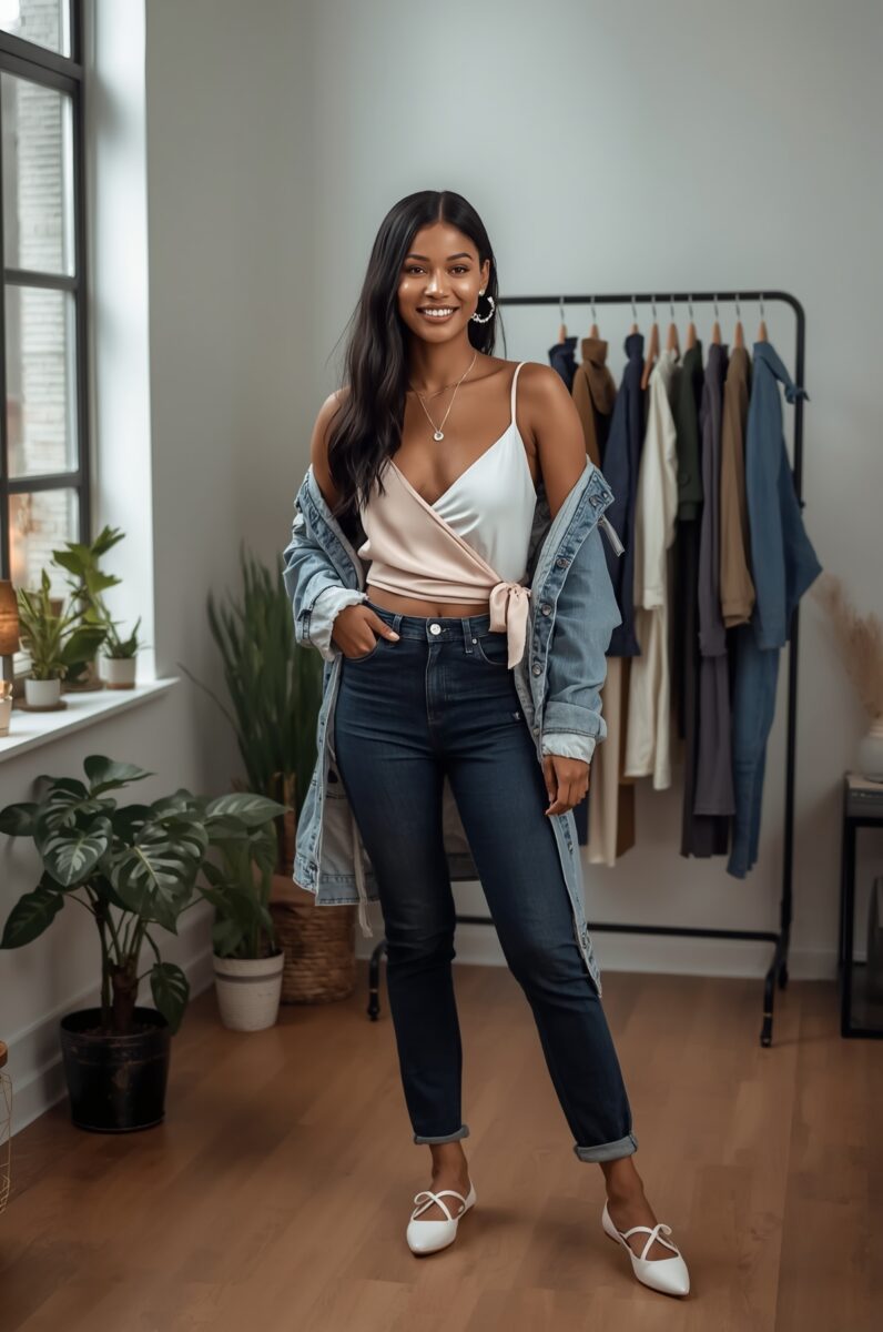 Smiling woman in white wrap top, dark skinny jeans, denim jacket, and white ballet flats standing in a stylish room