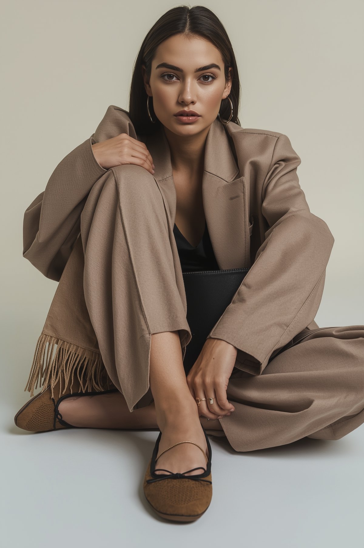 Woman in oversized taupe blazer and wide-leg trousers sitting on floor wearing brown ballet flats with bow detail