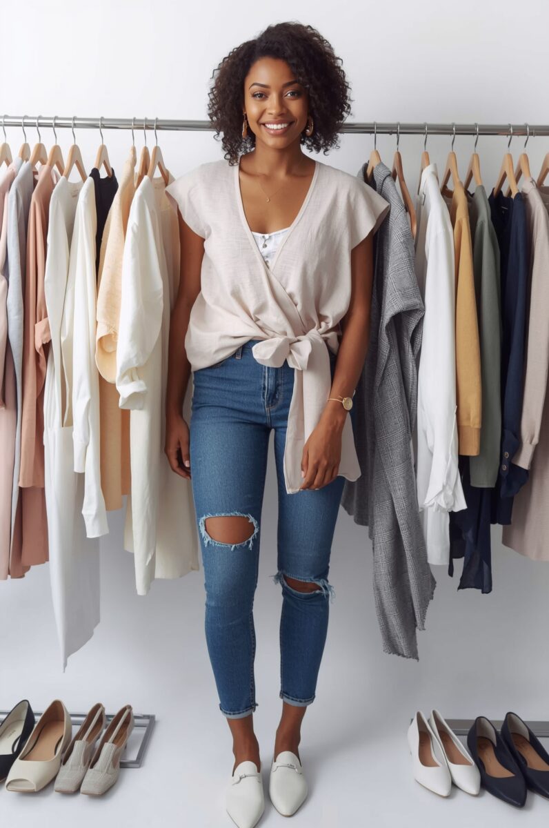 Smiling woman in beige wrap top, ripped blue jeans, and white loafers standing in front of a clothing rack