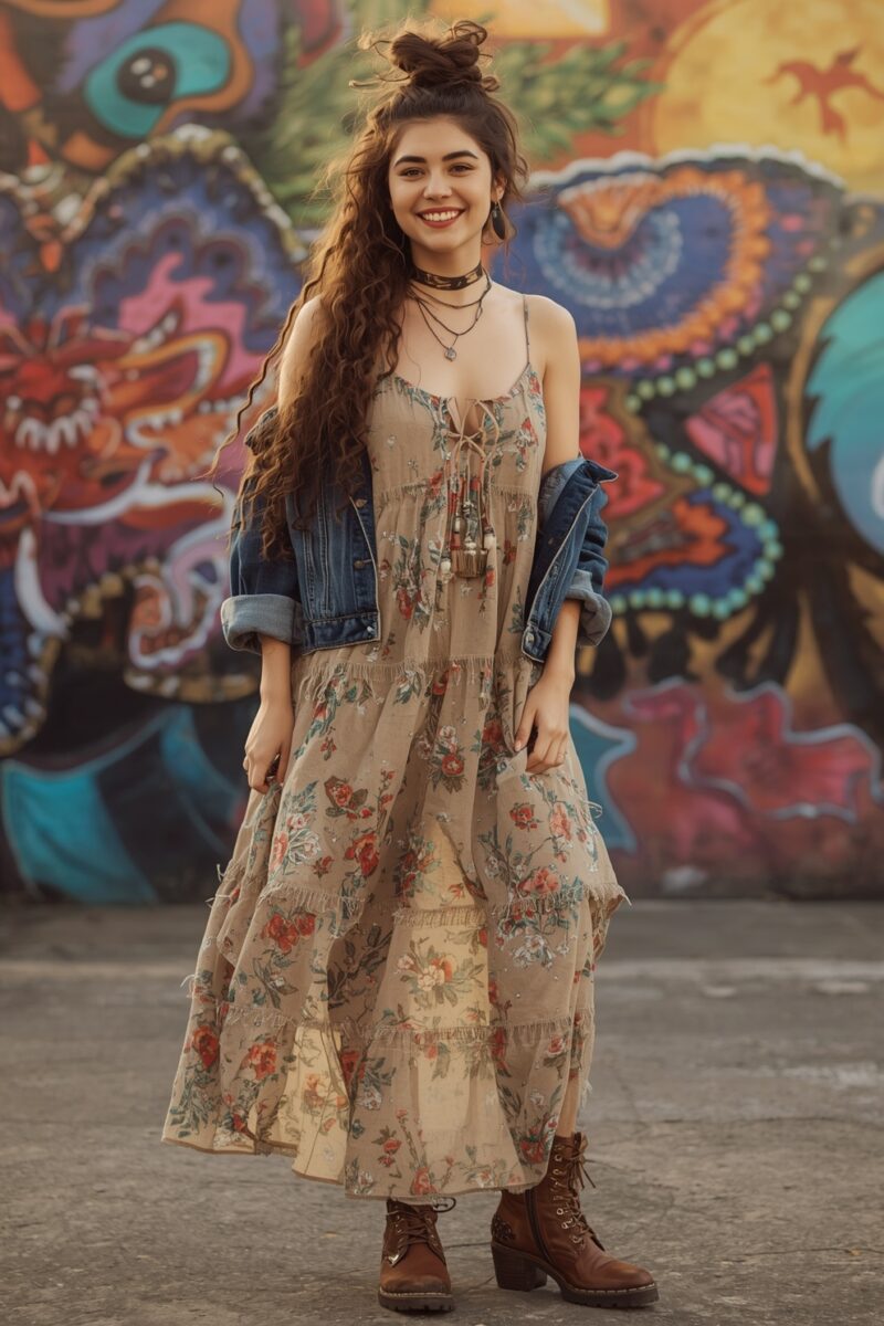 Young woman in floral boho maxi dress, denim jacket, and brown lace-up boots standing in front of colorful graffiti wall