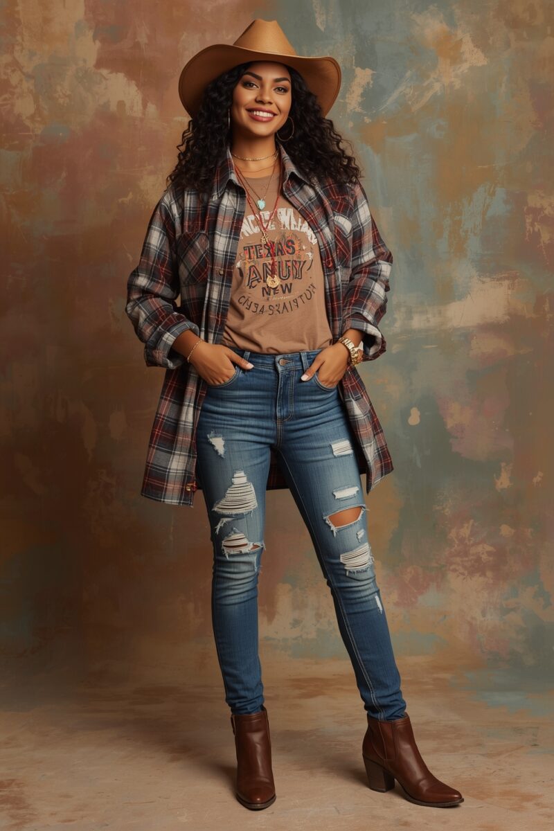 Smiling woman in cowboy hat, plaid flannel shirt, distressed jeans, and brown ankle boots posing against rustic backdrop