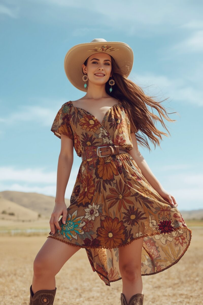 Woman in floral boho dress, wide-brim straw hat, turquoise earrings, and cowboy boots standing in a sunny field