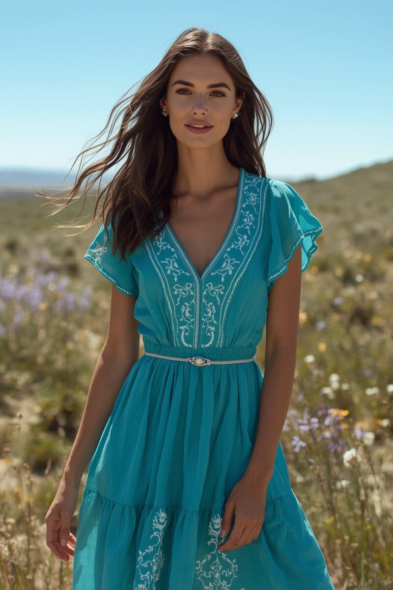 Woman in turquoise boho embroidered midi dress with flutter sleeves standing in a wildflower field