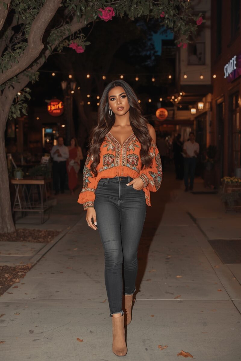 Woman in orange embroidered boho top, dark skinny jeans, and tan ankle boots walking on a city sidewalk at night