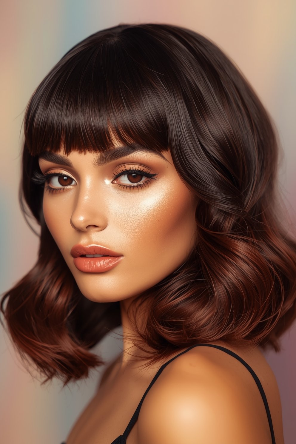 Woman with dark brown wavy bob haircut and bangs wearing glamorous makeup with winged eyeliner