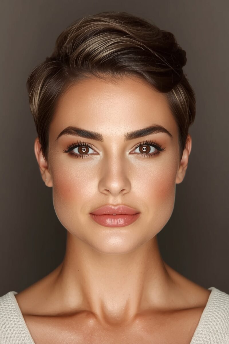 Close-up portrait of a woman with short dark pixie cut hair, brown eyes, and natural makeup